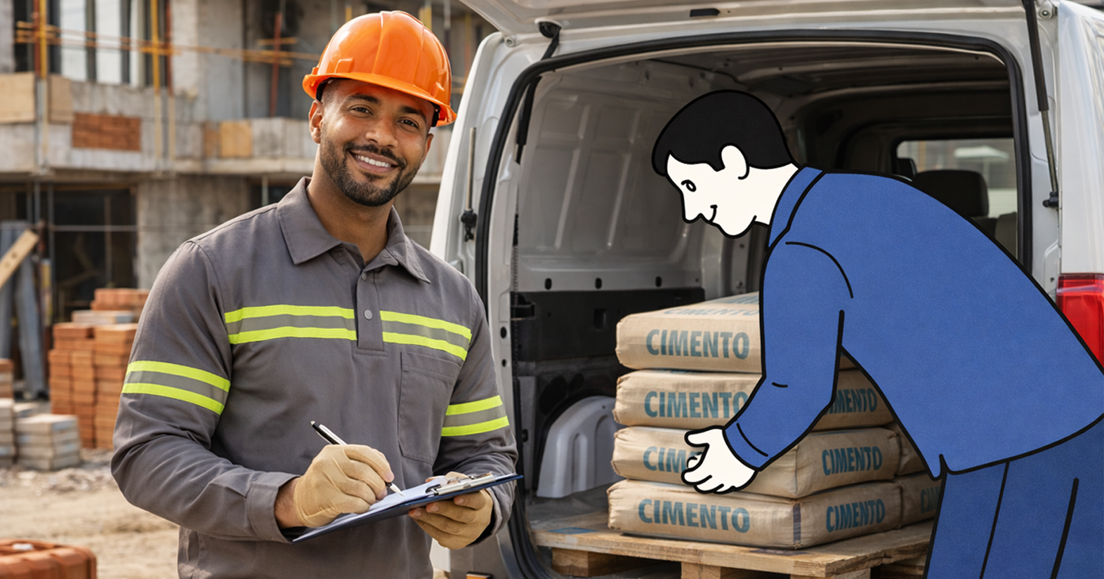 Profissional de obra ao lado de ilustração